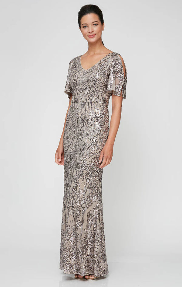 Long V-Neck A-Line Sequin Dress with Cold Shoulder Flutter Sleeve Alex Evenings 8296611
