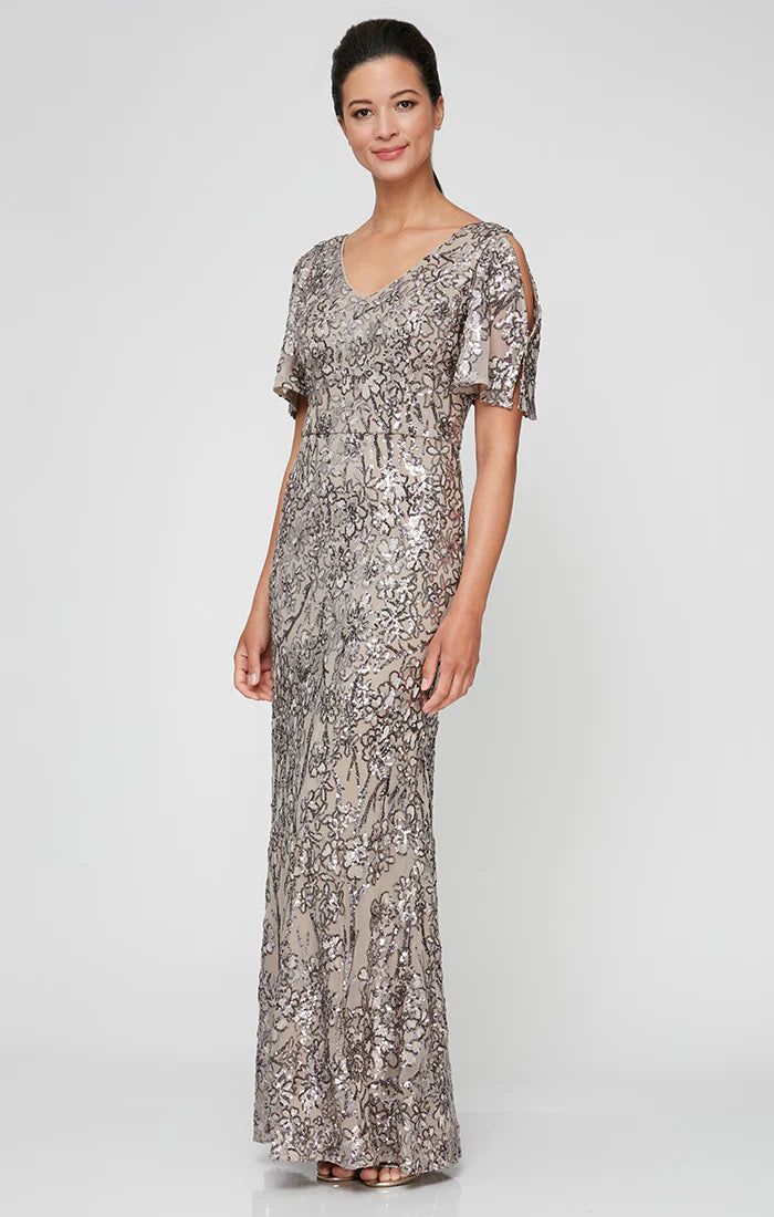 Long V-Neck A-Line Sequin Dress with Cold Shoulder Flutter Sleeve Alex Evenings 8296611