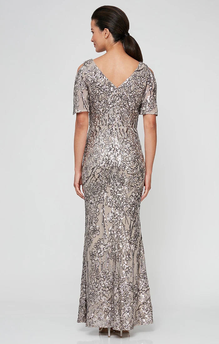 Long V-Neck A-Line Sequin Dress with Cold Shoulder Flutter Sleeve Alex Evenings 8296611