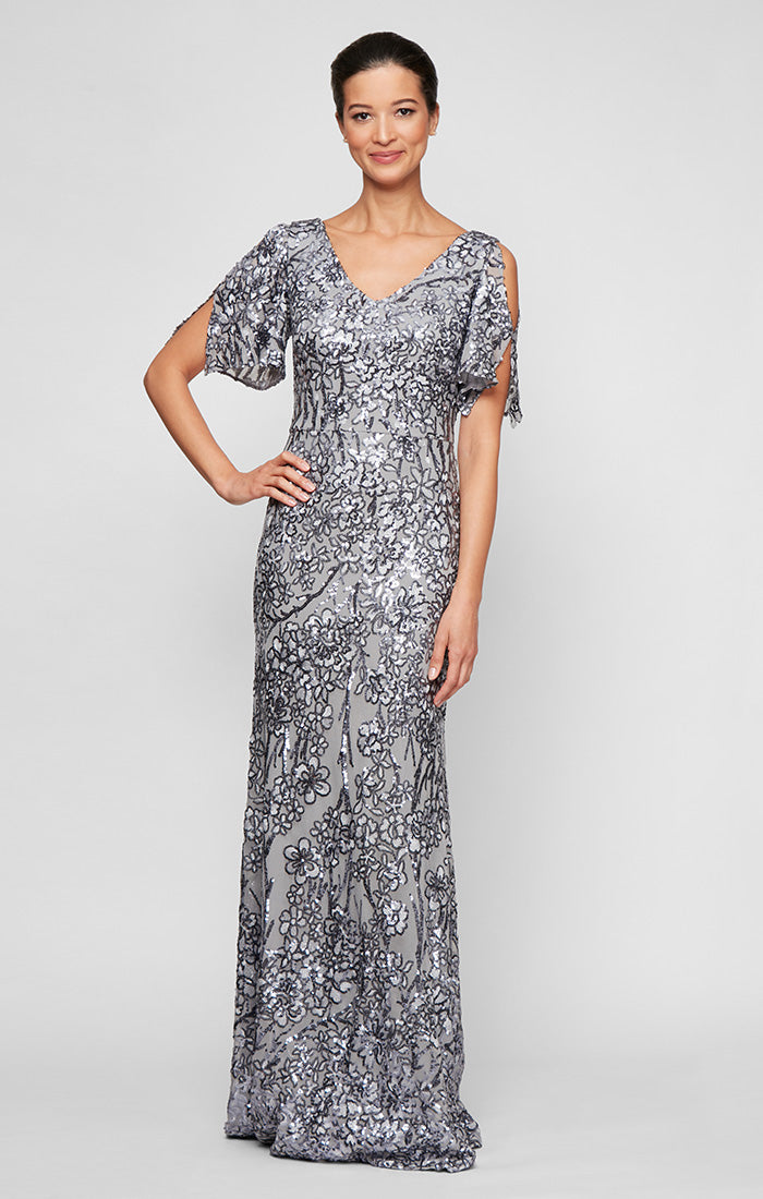 Mother of the Bride Dresses A Line Long Formal Petite Mother of the Bride Sequin Dress Silver