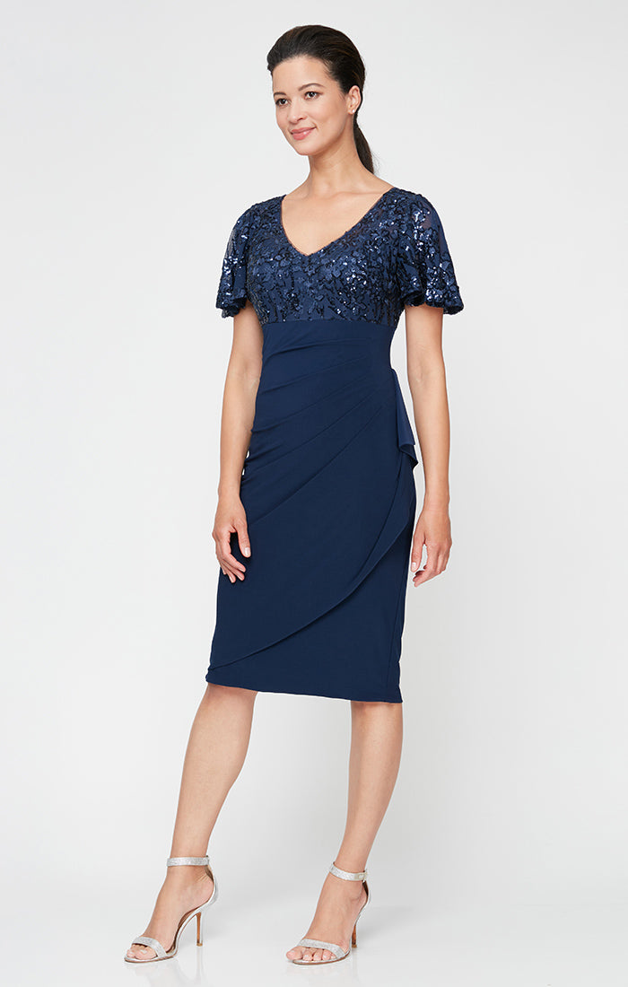 Alex Evenings Petite - Empire Waist Sheath Dress with Flutter Sleeves and Cascade Detail Skirt NAVY / 10P Alex Evenings Petite - Empire Waist Sheath Dress with Flutter Sleeves and Cascade Detail Skirt NAVY / 10P