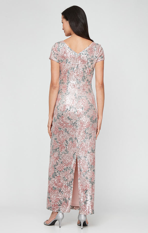 Long Printed Stretch Sequin Column Dress with Short Sleeves and Ruched Overlay Wai Alex Evenings 8196990