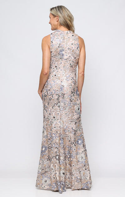 Taupe Multi Scoop Neckline Floor-Length Floral Sequin Gown with High Slit Formal Dress Alex Evenings 8296996