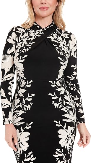 London Times T7593M Cross-Front Short Floral Jersey Cocktail Long Sleeves