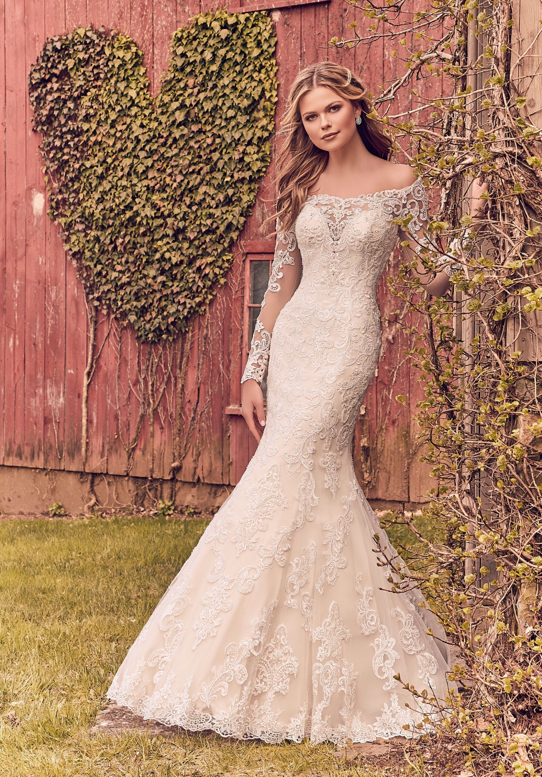 Wedding Dresses Lace Long Sleeve Wedding Bridal Dress MGNY Madeline Gardner New York 8207 Ivory/Creme
