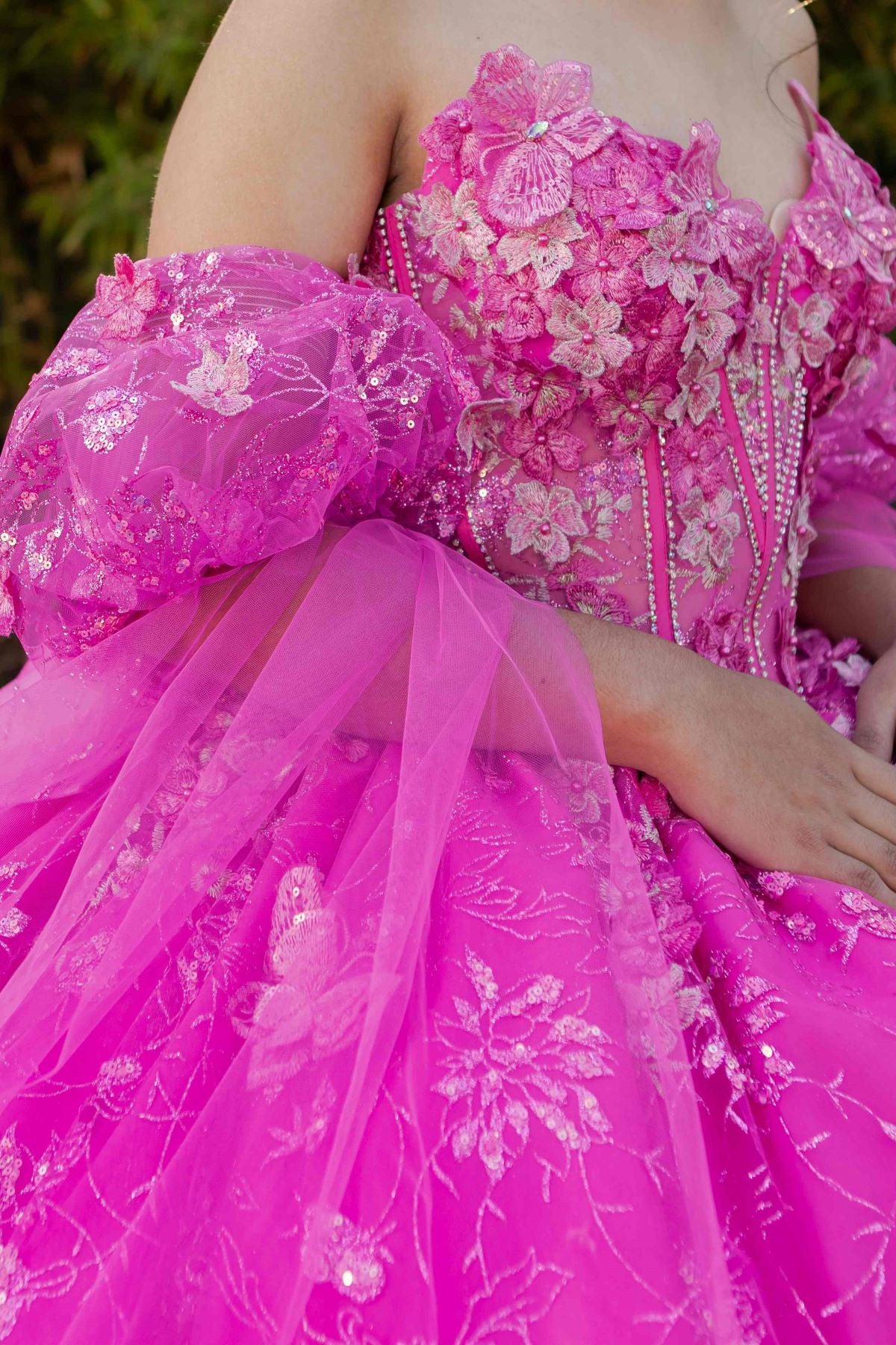 Quinceniera Dresses 3D Floral Applique Beaded Quinceanera Dress Cinderella Couture 8210J Fuchsia