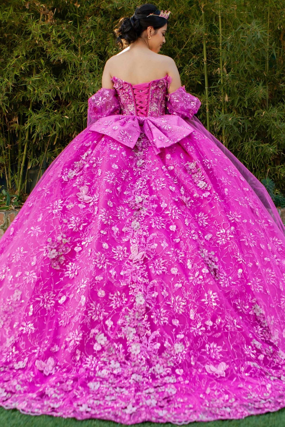 Quinceniera Dresses 3D Floral Applique Beaded Quinceanera Dress Cinderella Couture 8210J Fuchsia