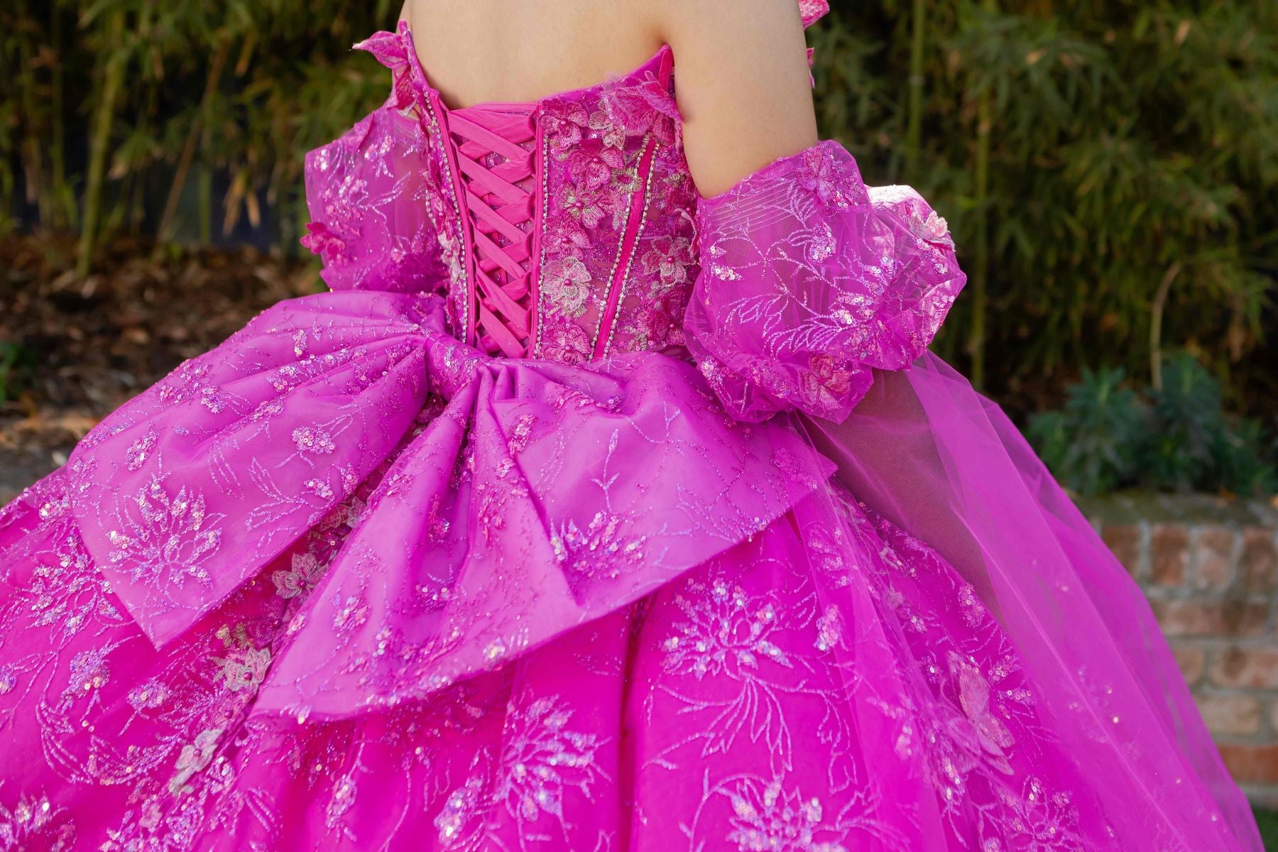 Quinceniera Dresses 3D Floral Applique Beaded Quinceanera Dress Cinderella Couture 8210J Fuchsia