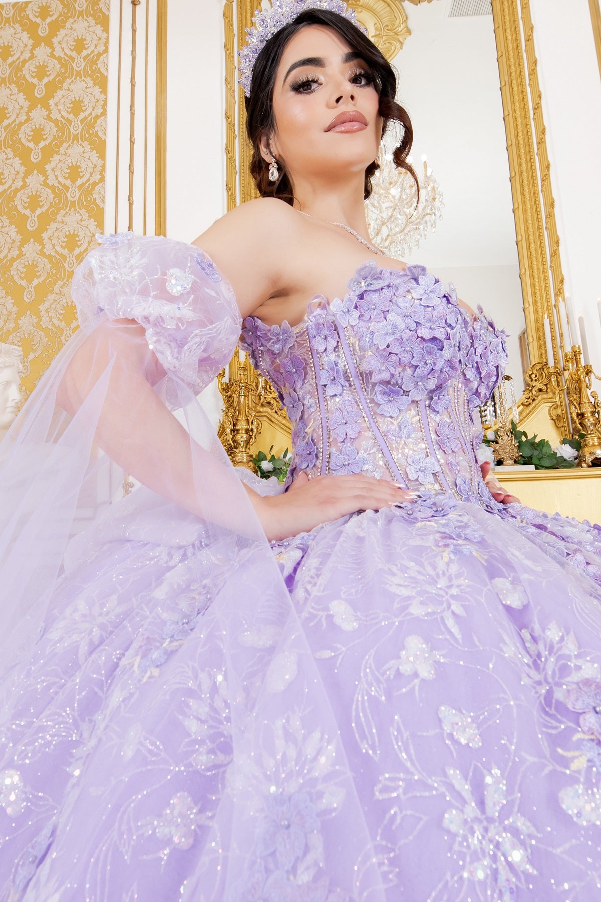 Quinceniera Dresses 3D Floral Applique Beaded Quinceanera Dress Cinderella Couture 8210J Lilac