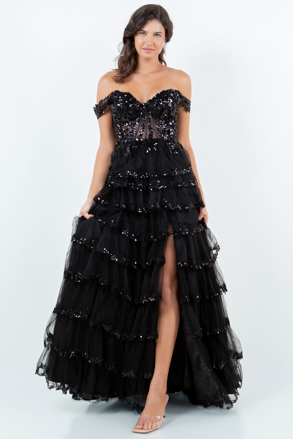 Cinderella Couture 8228J Long Formal A Line Prom Layered Ruffle Dress