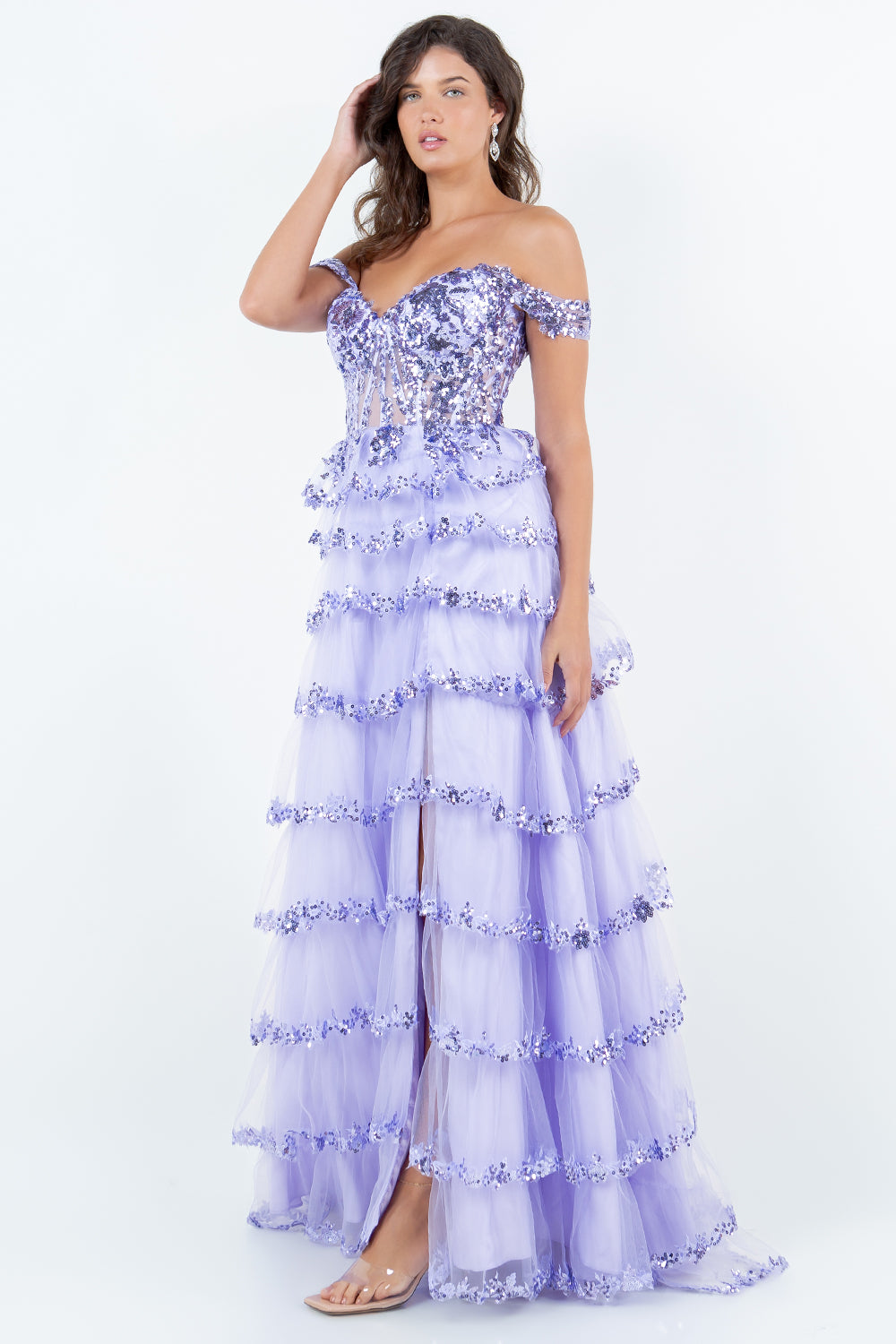 Cinderella Couture 8228J Long Formal A Line Prom Layered Ruffle Dress