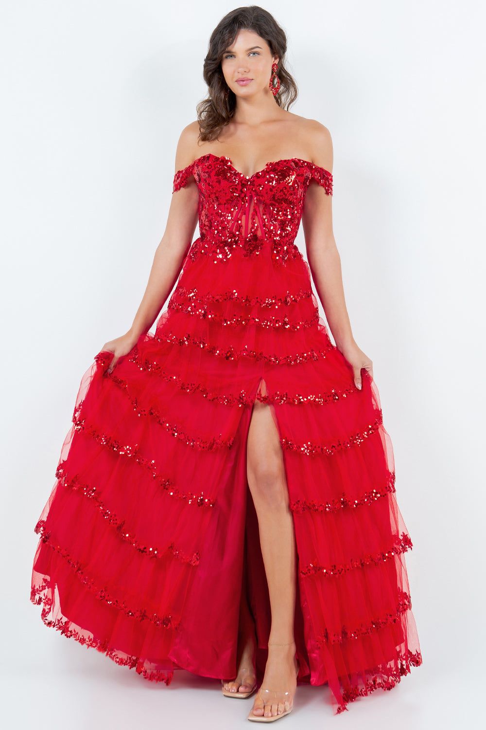 Cinderella Couture 8228J Long Formal A Line Prom Layered Ruffle Dress