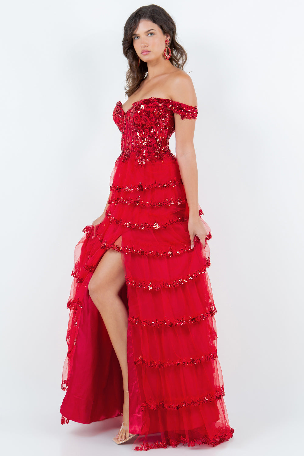 Cinderella Couture 8228J Long Formal A Line Prom Layered Ruffle Dress