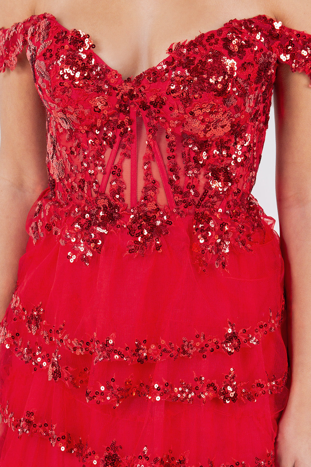 Cinderella Couture 8228J Long Formal A Line Prom Layered Ruffle Dress