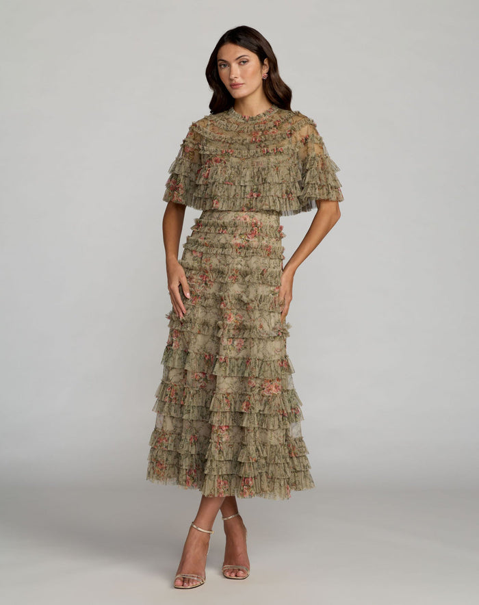 Cocktail Dresses Floral Cape Ruffle Midi Cocktail Dress Olive