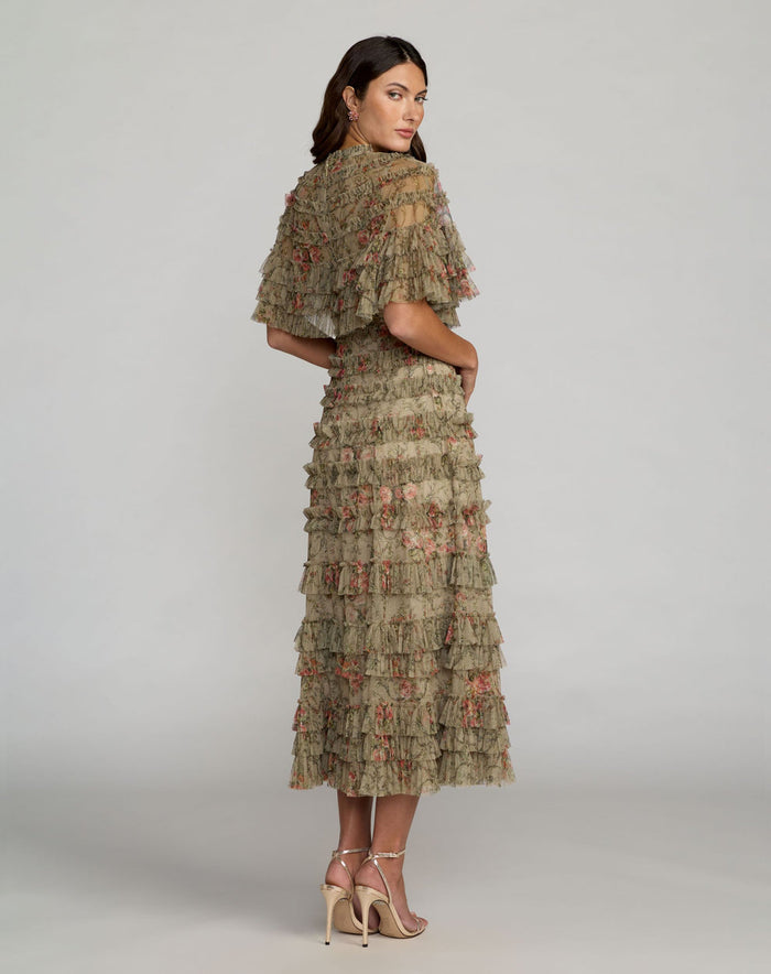 Cocktail Dresses Floral Cape Ruffle Midi Cocktail Dress Olive