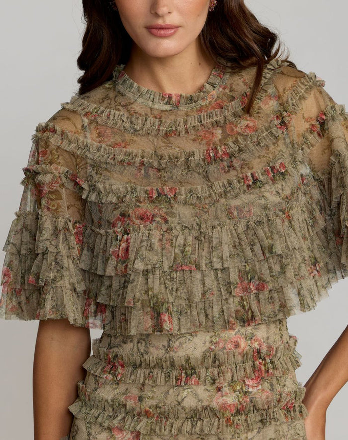 Cocktail Dresses Floral Cape Ruffle Midi Cocktail Dress Olive