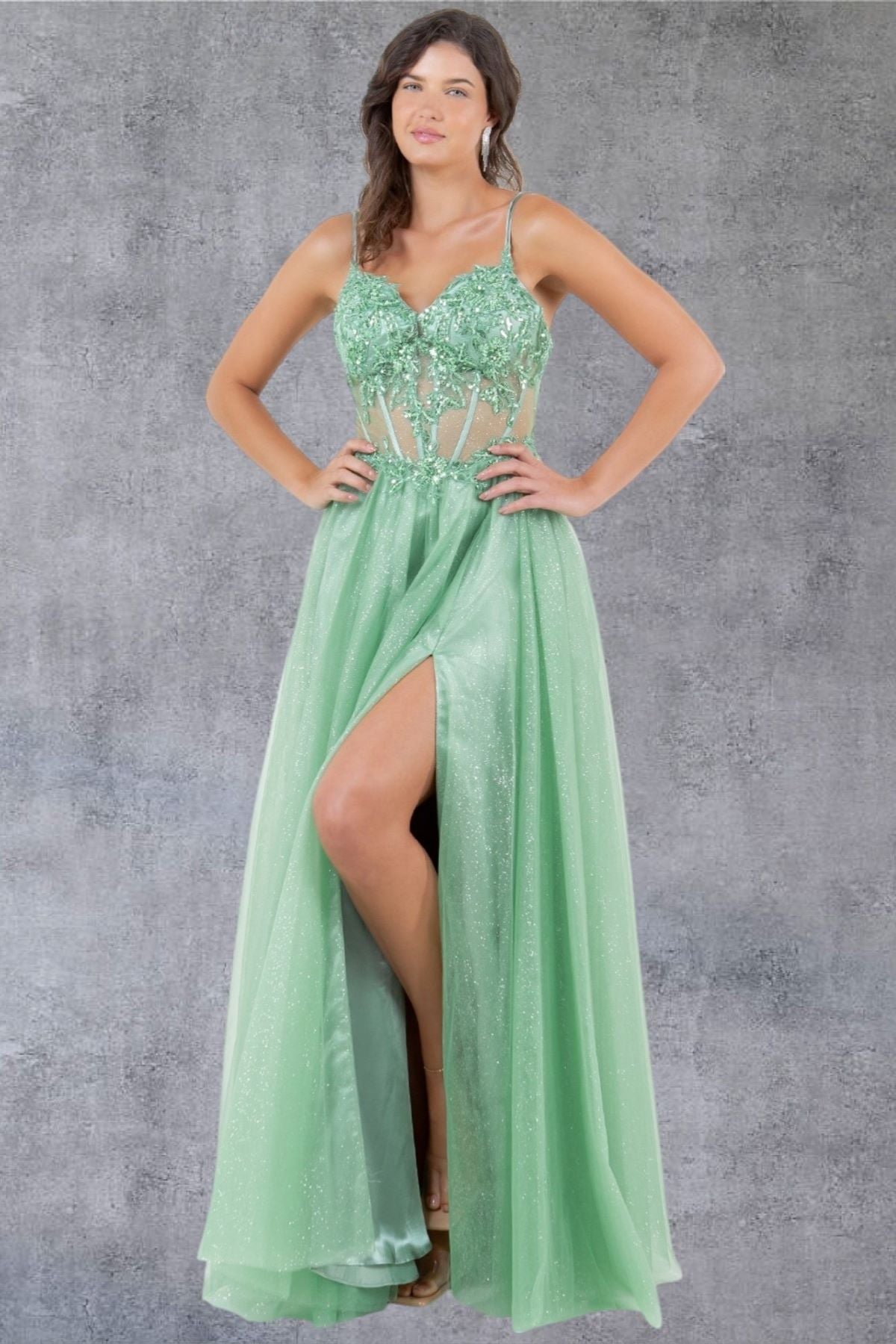 Cinderella Couture 8238J A Line Long Formal Prom Glitter Dress