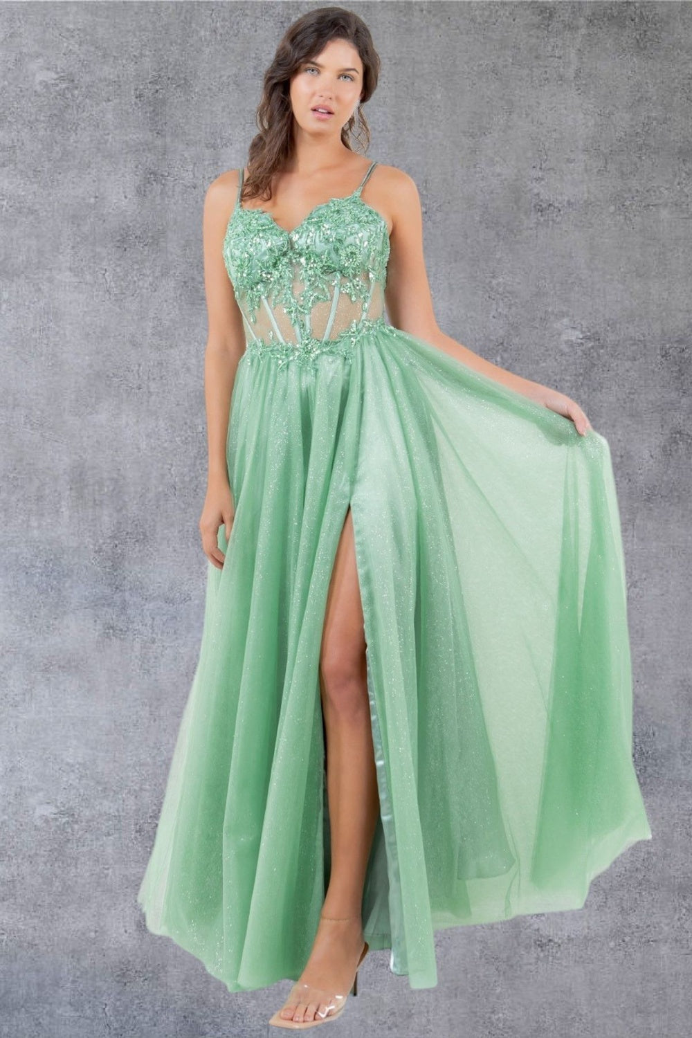 Cinderella Couture 8238J A Line Long Formal Prom Glitter Dress