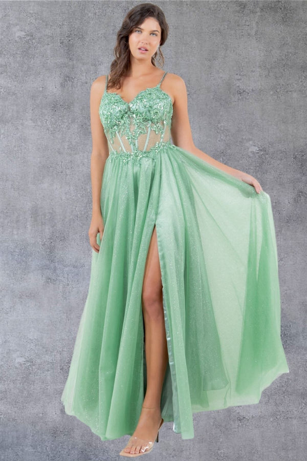 Cinderella Couture 8238J A Line Long Formal Prom Glitter Dress