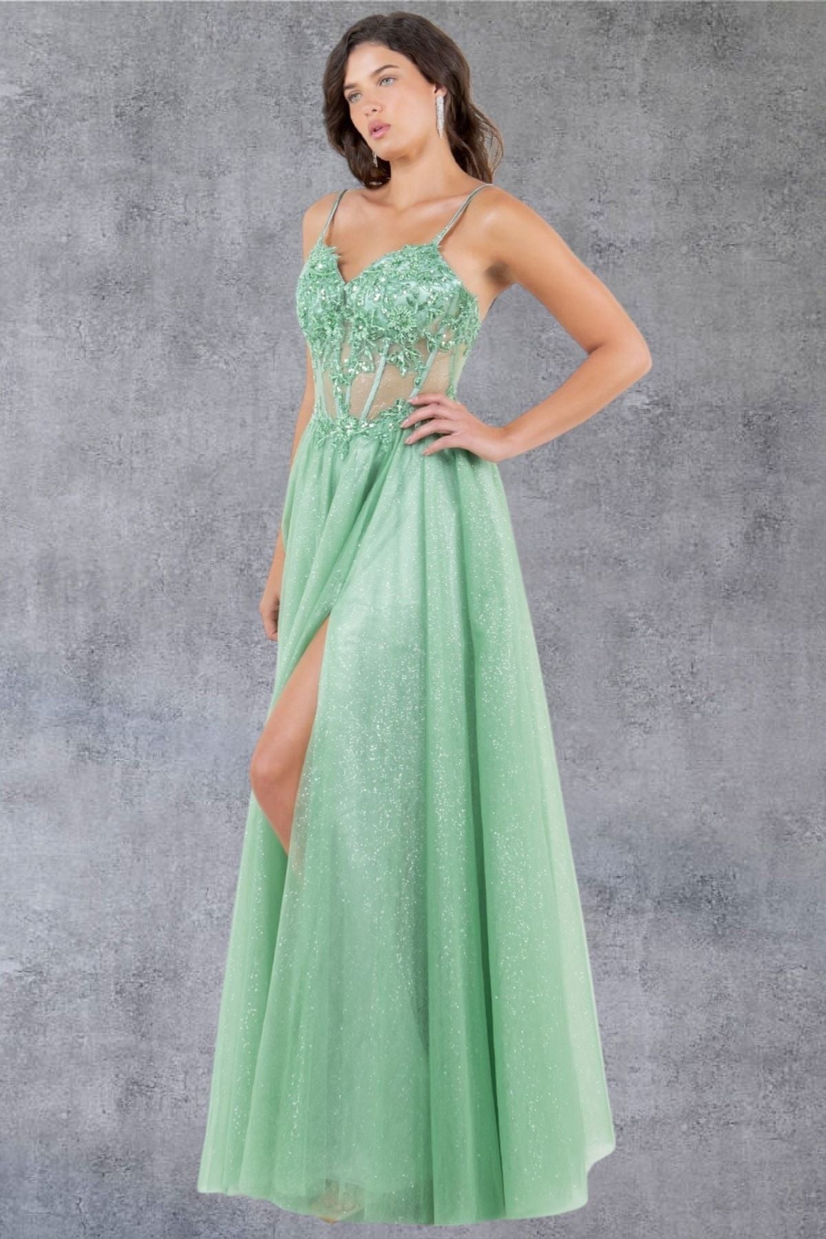 Cinderella Couture 8238J A Line Long Formal Prom Glitter Dress