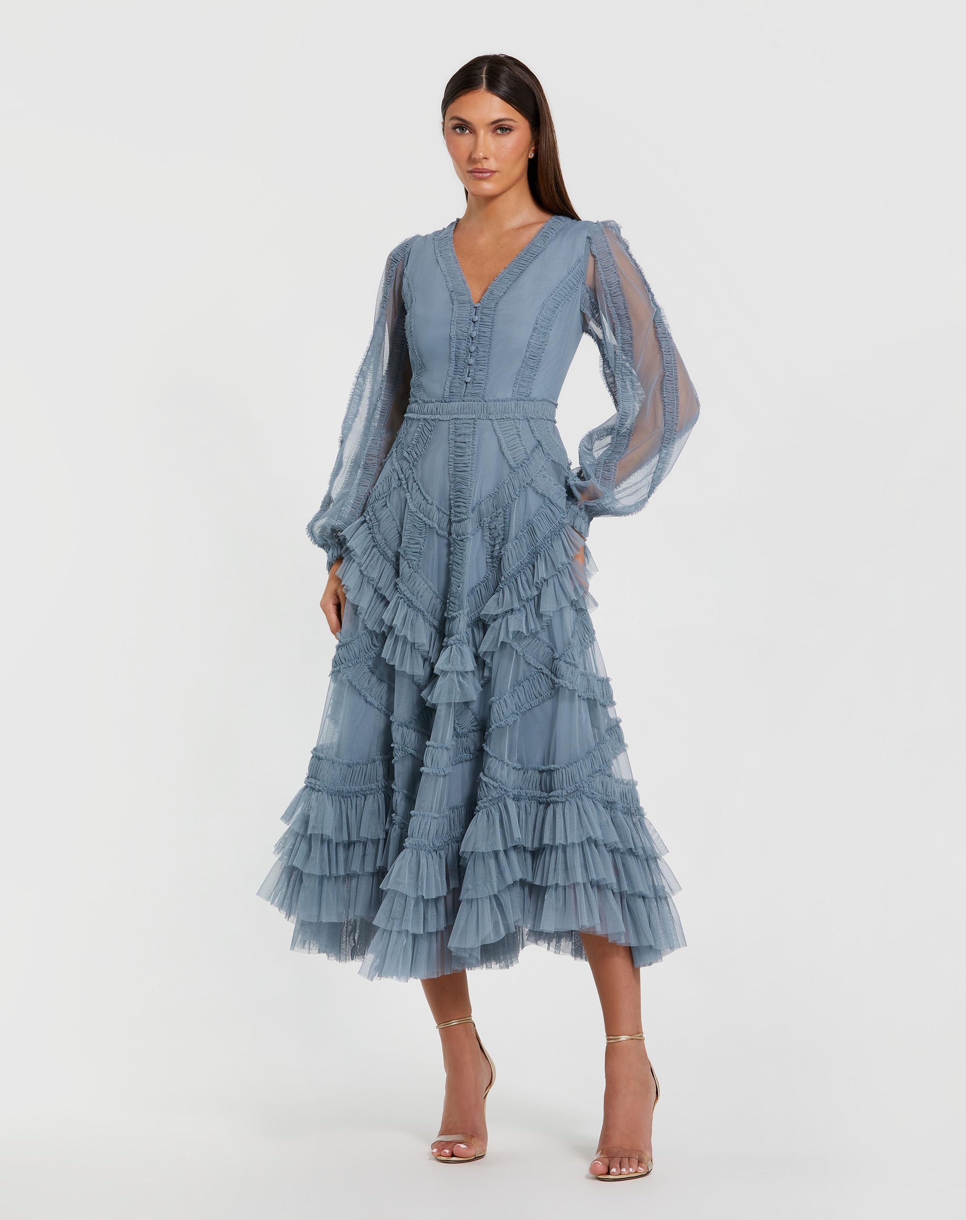 Mac Duggal Long Sleeve V-Neck Micro Ruffle Midi Dress Mac Duggal Long Sleeve V-Neck Micro Ruffle Midi Dress