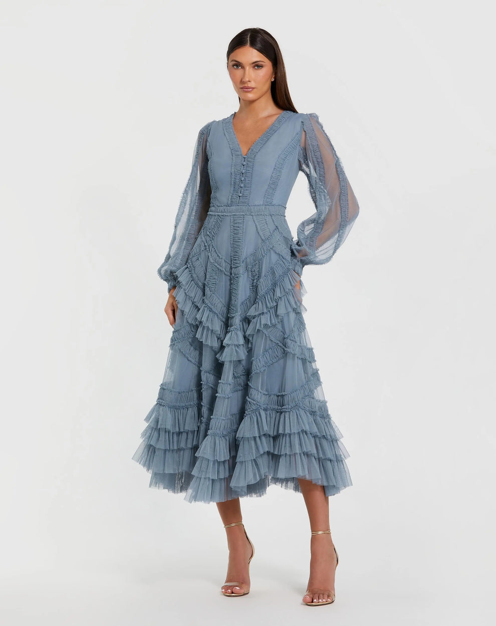 V-Neck Midi Tulle Occasion Fit & Flare Mac Duggal 998247P