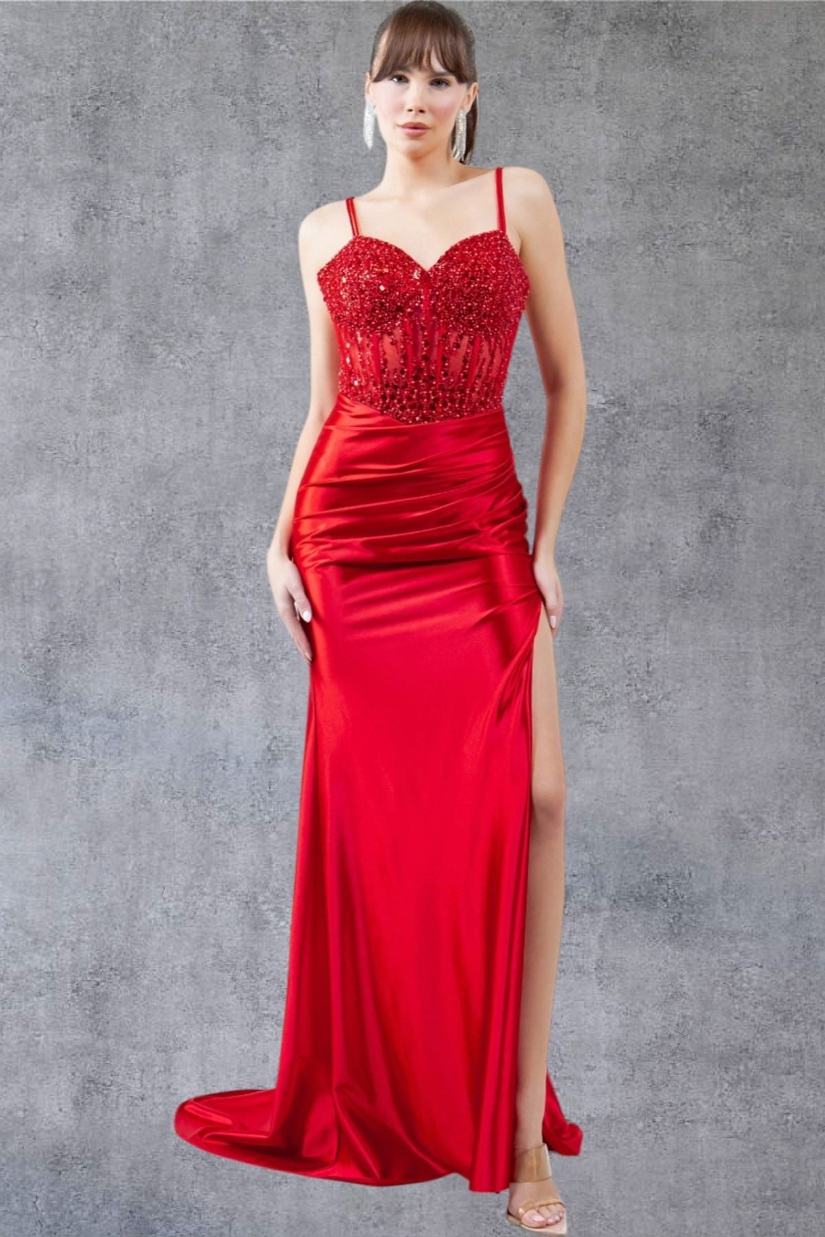Cinderella Couture 8247J Beaded Slit Long Formal Prom Sequin Dress