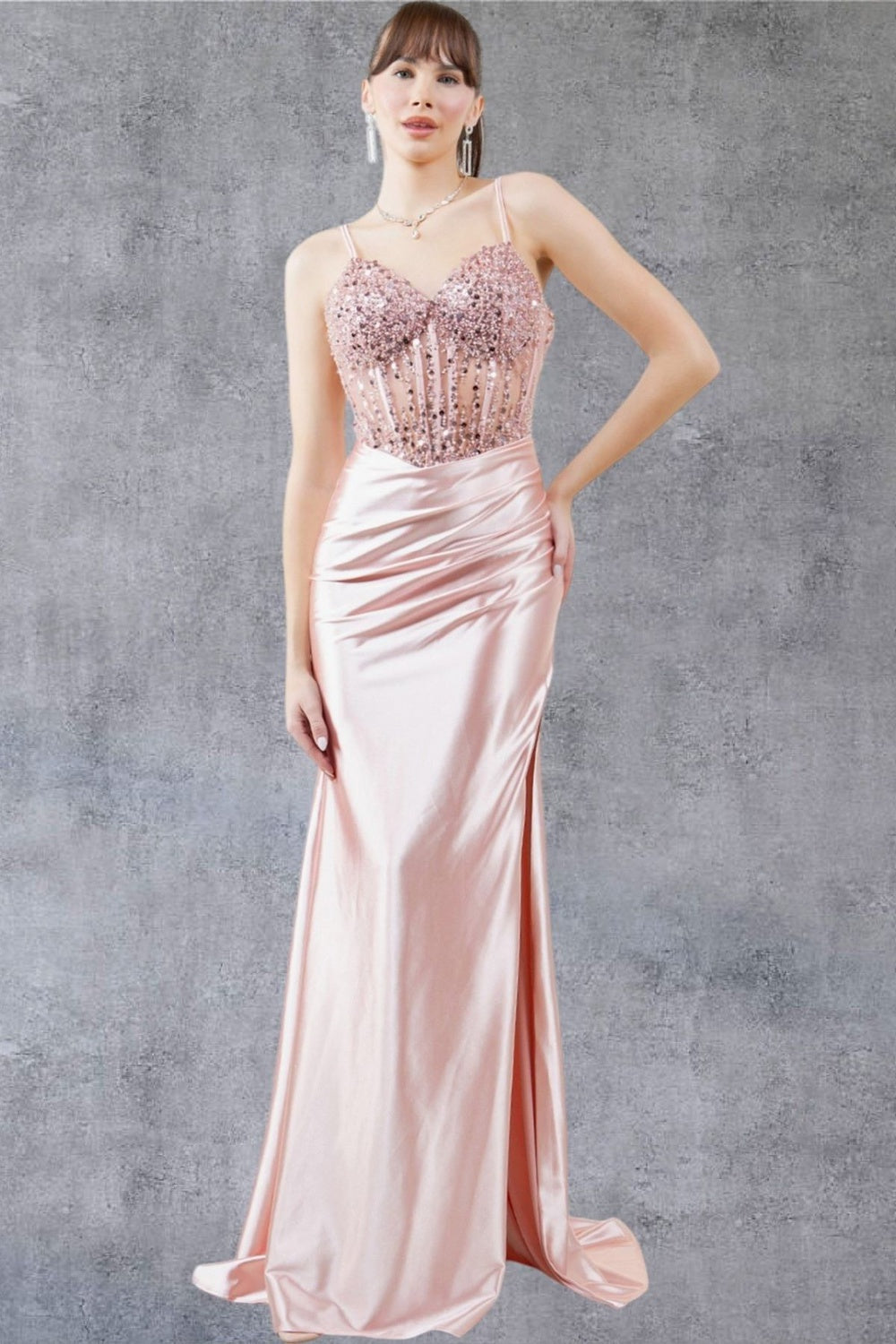Cinderella Couture 8247J Beaded Slit Long Formal Prom Sequin Dress