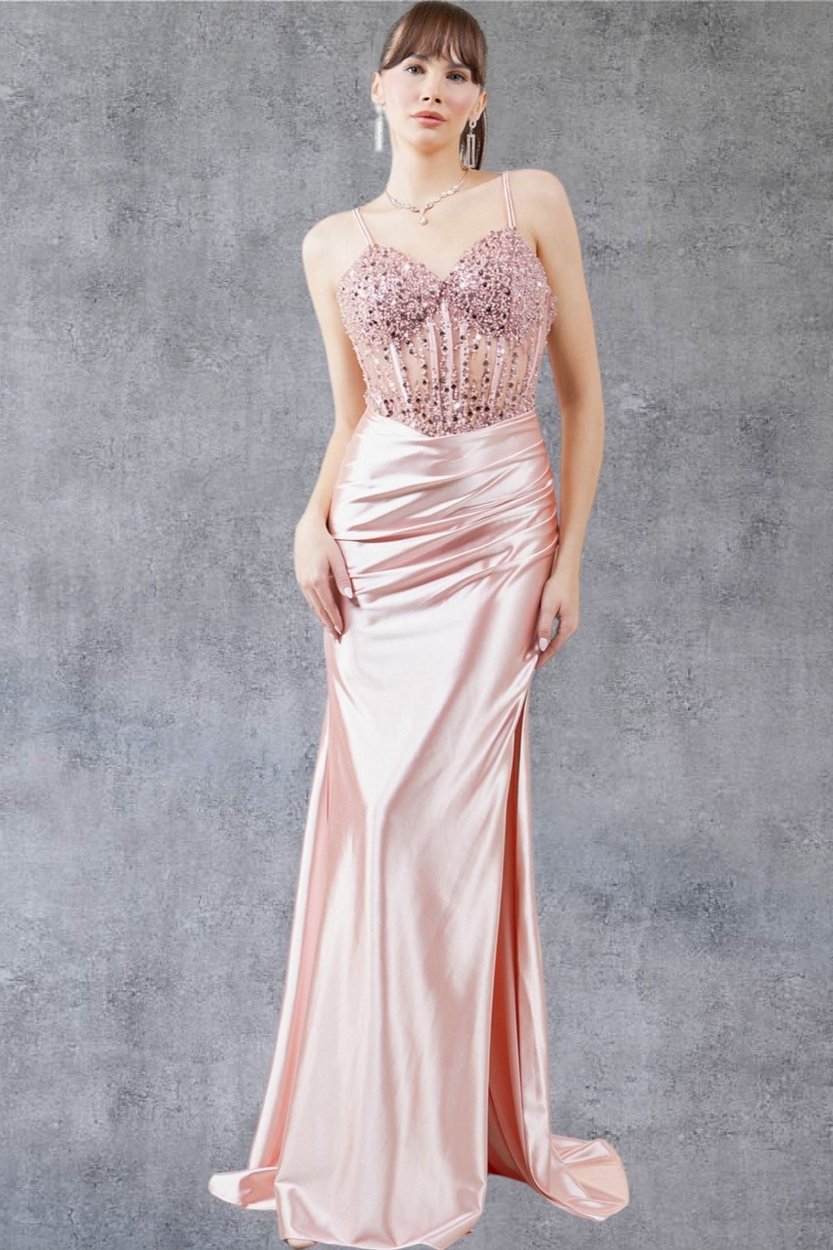 Cinderella Couture 8247J Beaded Slit Long Formal Prom Sequin Dress
