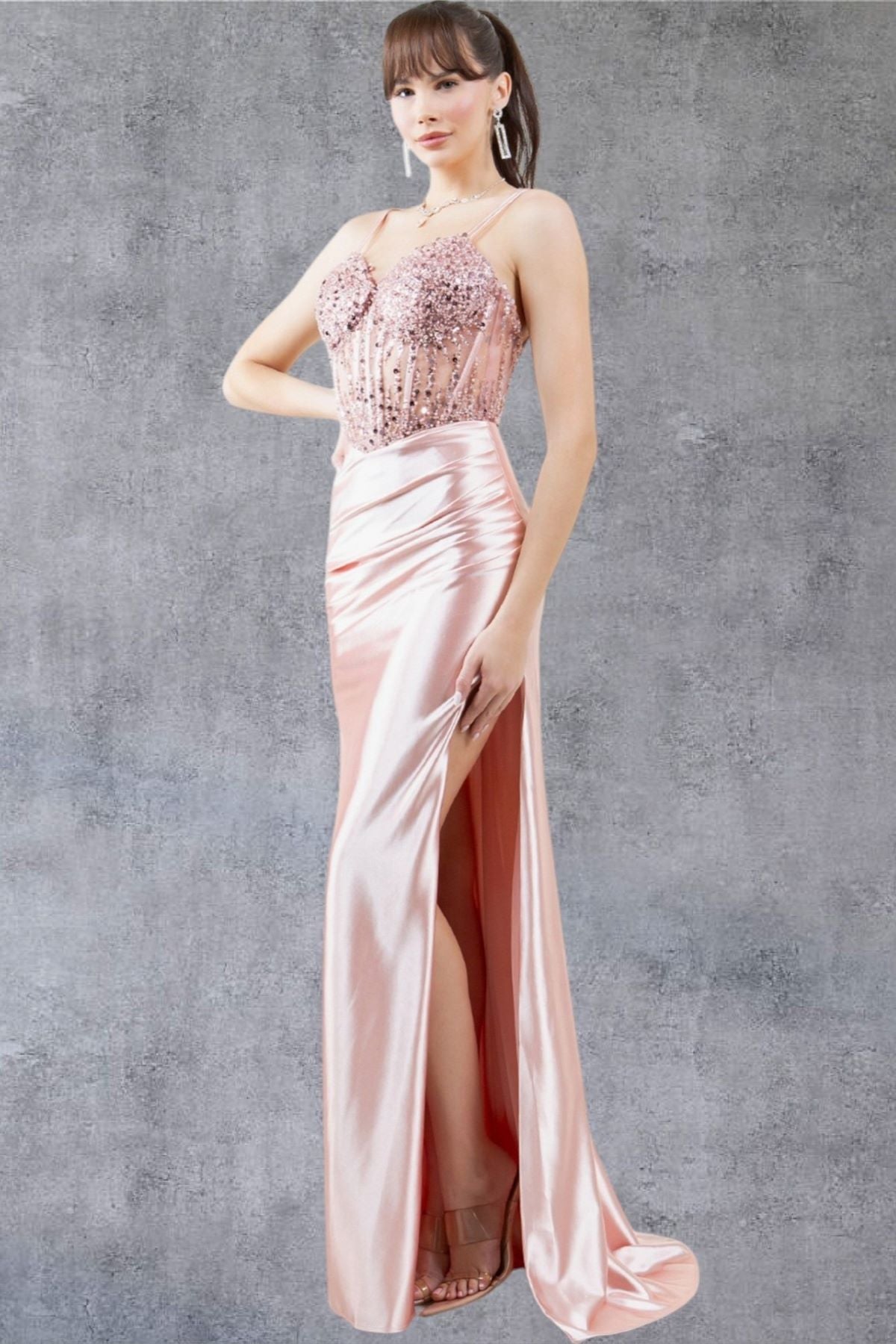 Cinderella Couture 8247J Beaded Slit Long Formal Prom Sequin Dress