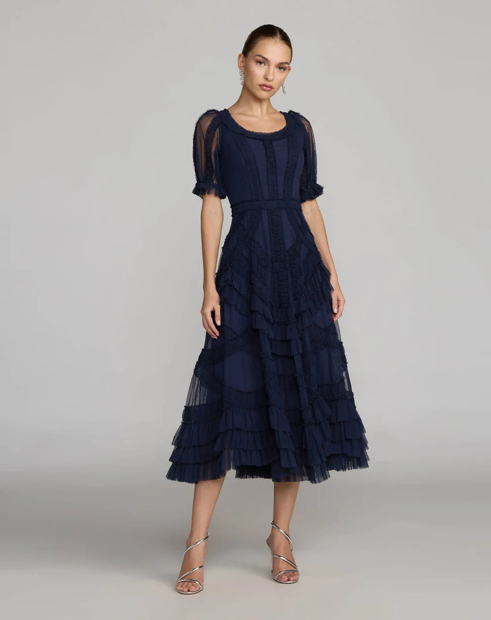 Cocktail Dresses Ruffled Tea Length Cocktail Dress Indigo