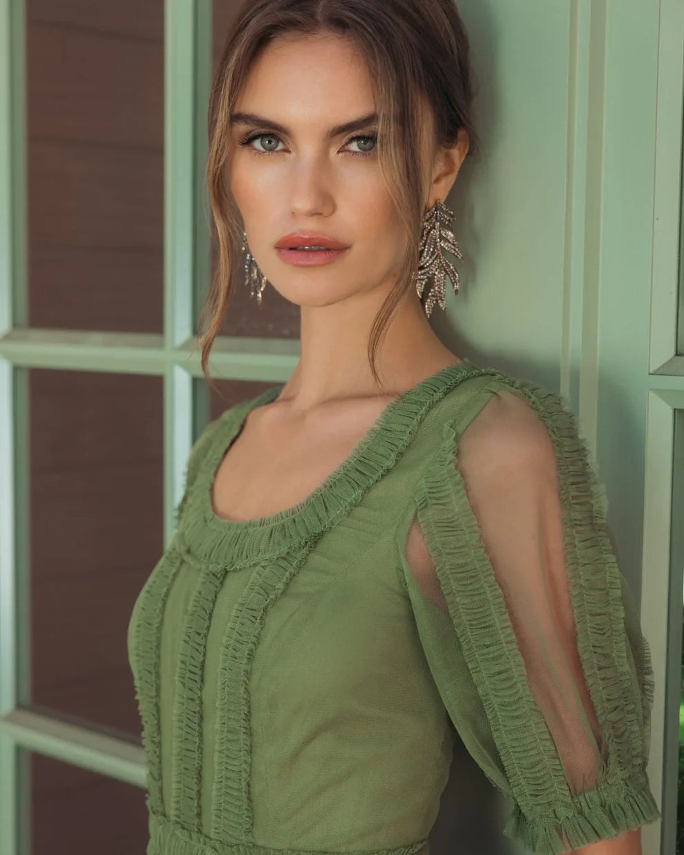Cocktail Dresses Ruffled Tea Length Cocktail Dress Moss Green