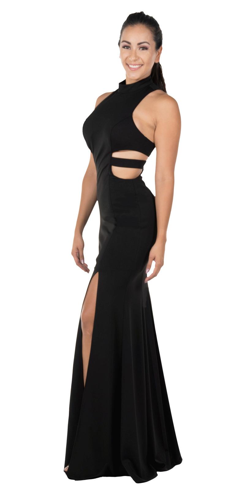 Black High-Neck Floor-Length Jersey Prom Dress with Side Cut-Outs and Double Slits Poly USA 8248