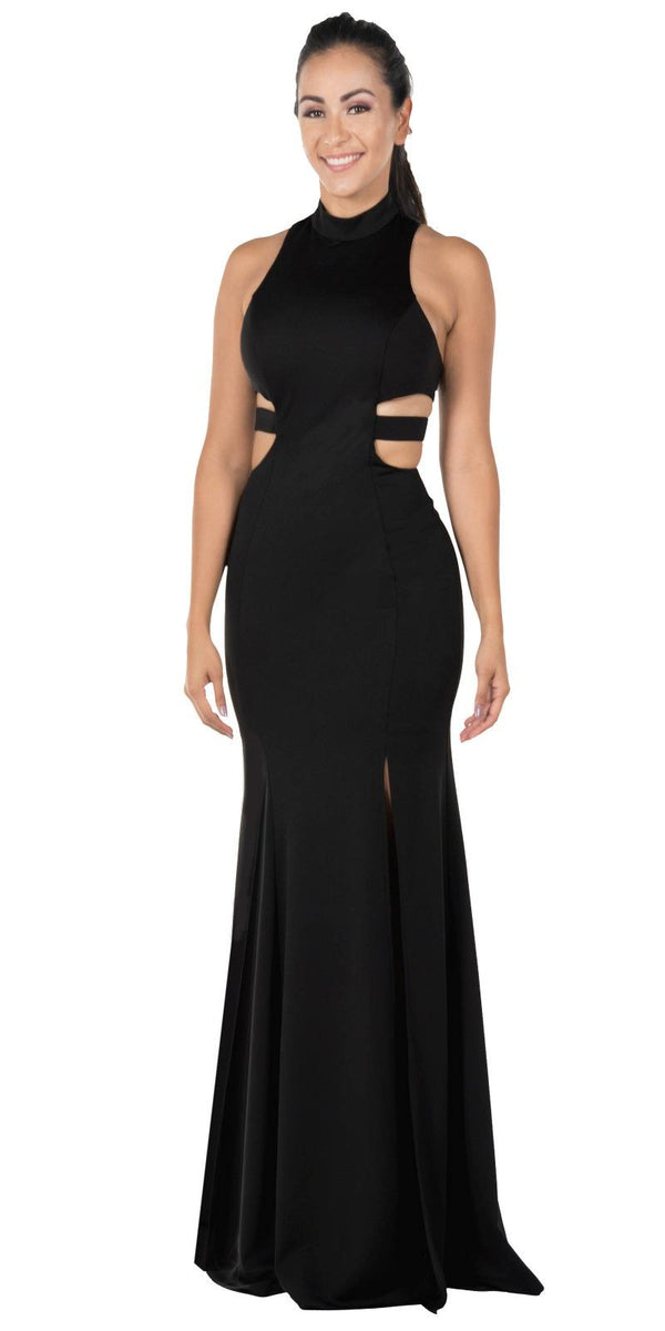 High-Neck Floor-Length Jersey Prom Dress Side Cut-Outs and Double Slits Poly USA 8248
