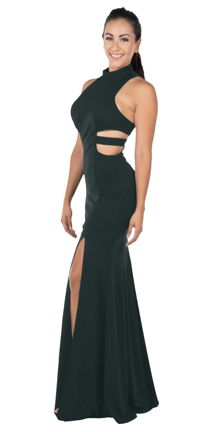 Green High-Neck Floor-Length Jersey Prom Dress with Side Cut-Outs and Double Slits Poly USA 8248
