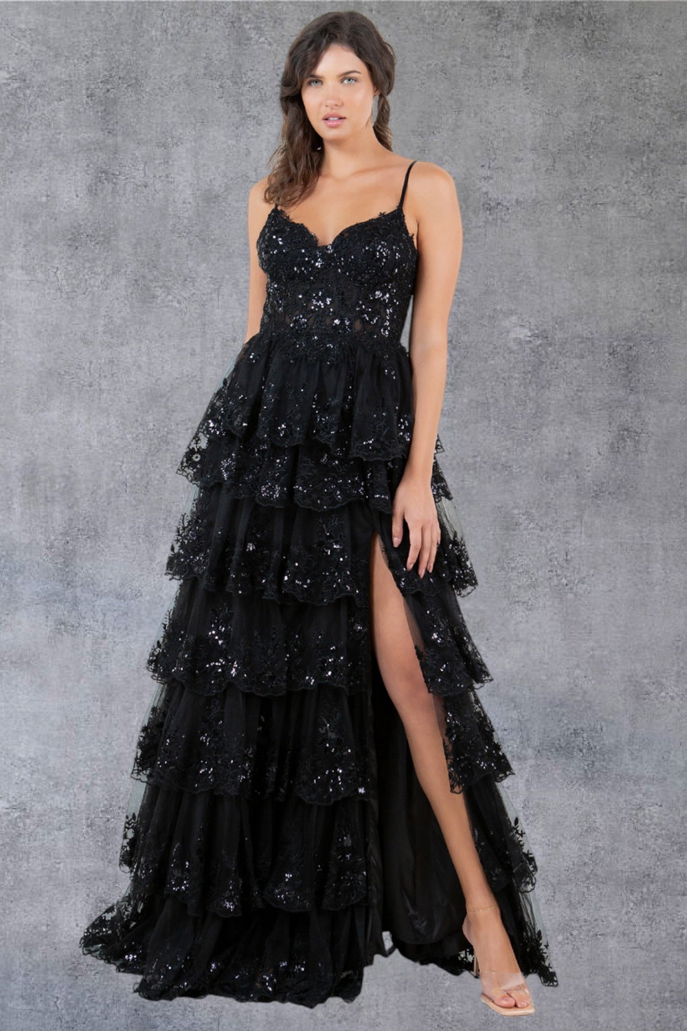 cinderella prom dress SEQUIN CASCADE RUFFLE THIN STRAP A-LINE GOWN BY CINDERELLA COUTURE 8248J Black / XL