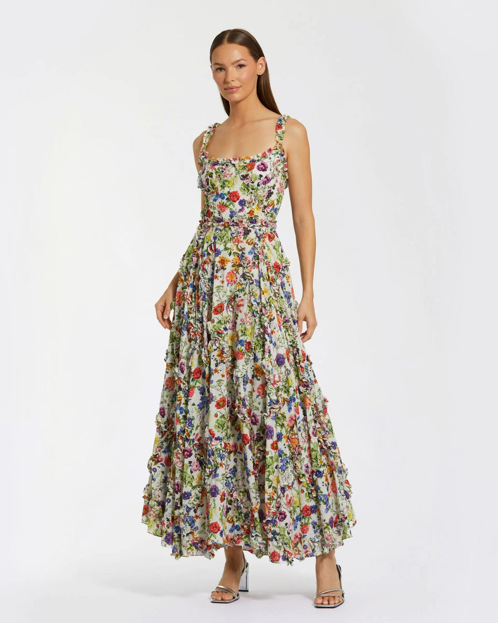Cocktail Dresses Short Ruffle Tea Length Floral Cocktail Dress Mac Duggal 8256 Blue Multi