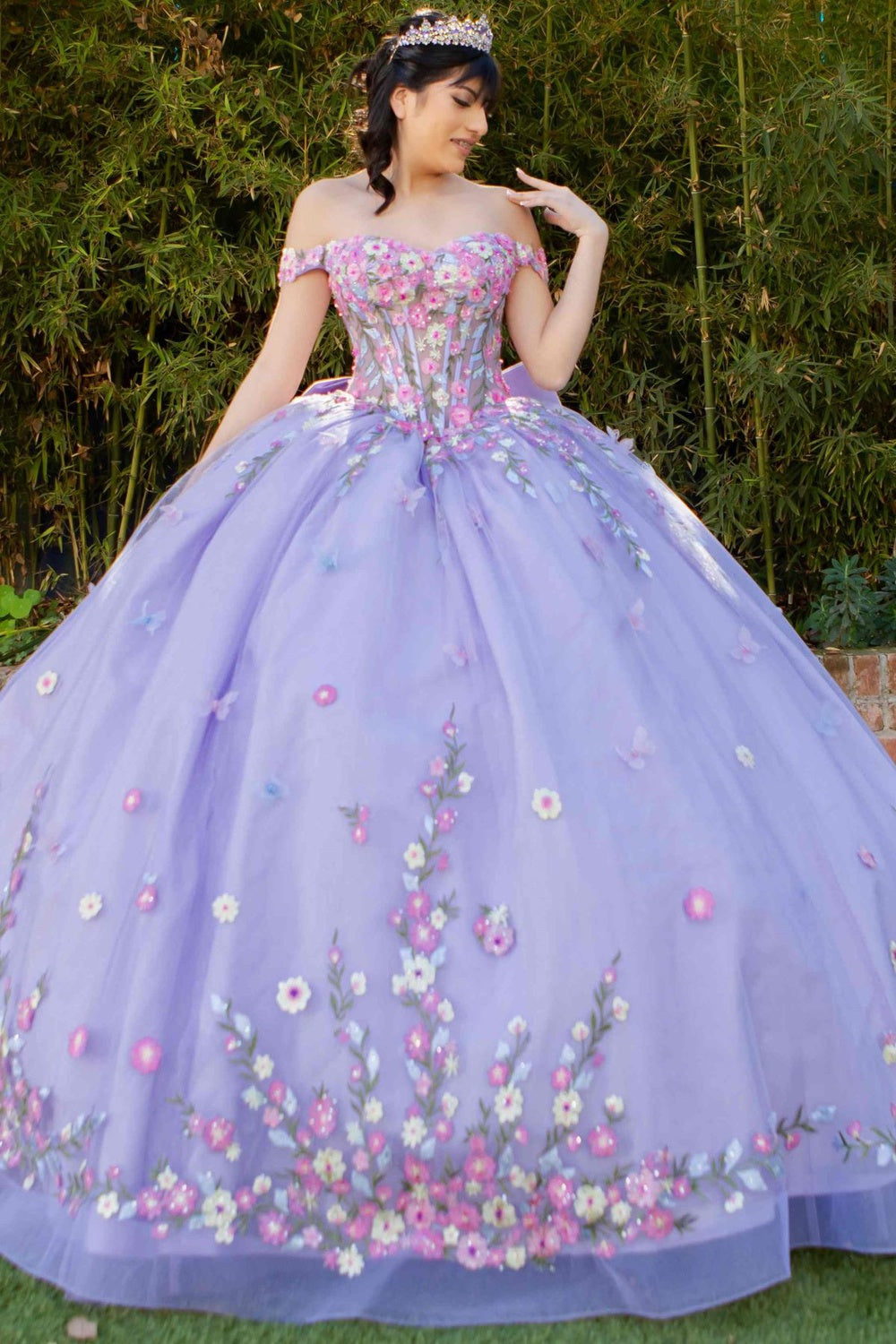 Cinderella Couture 8260J Long Ball Gown Floral Applique Quinceanera Dress - Lilac / 2X