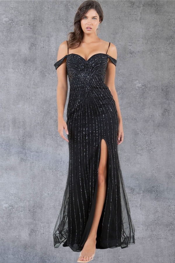 Cinderella Couture 8269J Beaded Long Slit Pattern Formal Evening Prom Dress