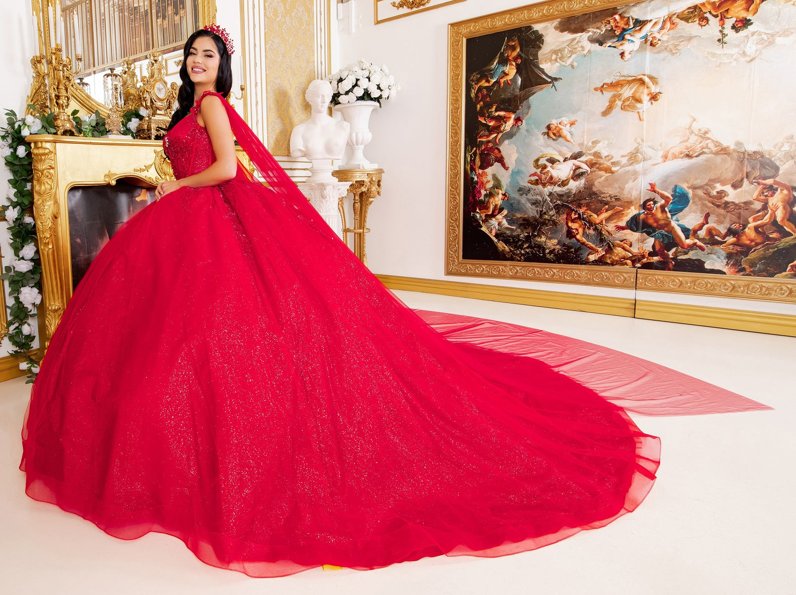 Quinceniera Dresses Floral Sequin Ball Gown Quinceanera Dress Cinderella Couture 8270J Red