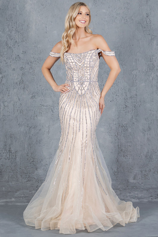Prom Dresses Fitted Long Beaded Lace Formal Prom Dress Champagne