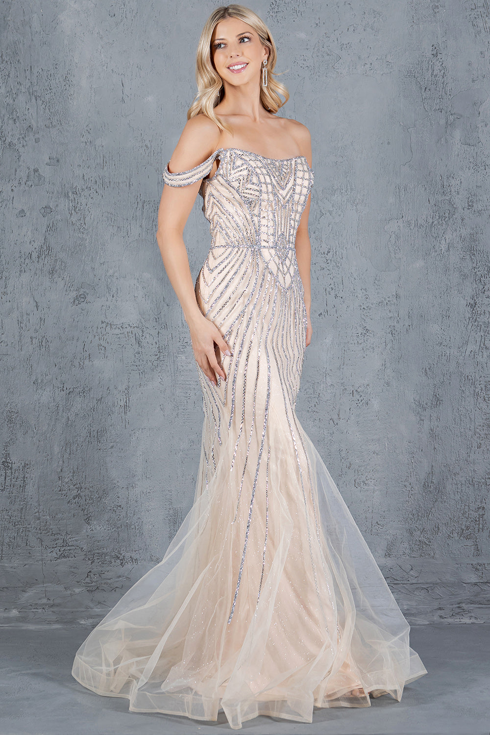 Cinderella Couture 8271J Fitted Long Beaded Lace Formal Prom Dress