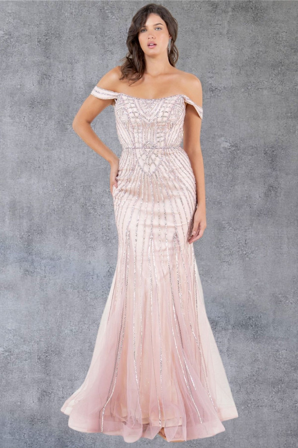 Cinderella Couture 8271J Fitted Long Beaded Lace Formal Prom Dress