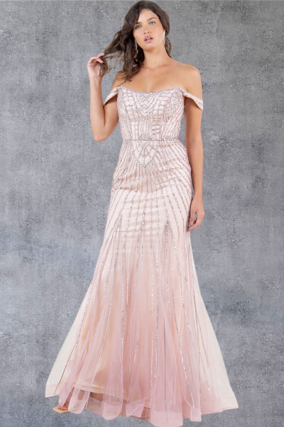 Cinderella Couture 8271J Fitted Long Beaded Lace Formal Prom Dress