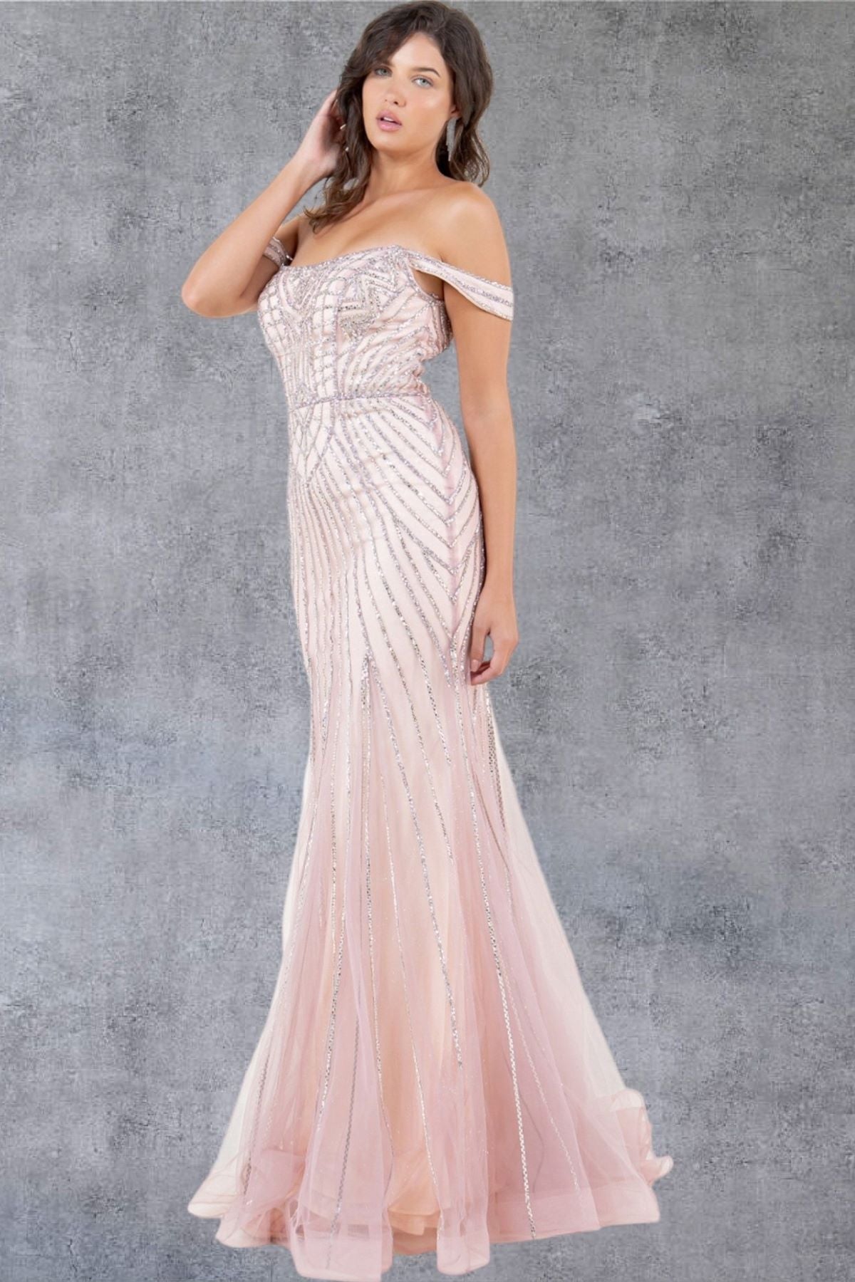 Cinderella Couture 8271J Fitted Long Beaded Lace Formal Prom Dress