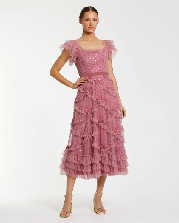 Short Sequin Ruffle Dress Midi Length Mac Duggal 8272