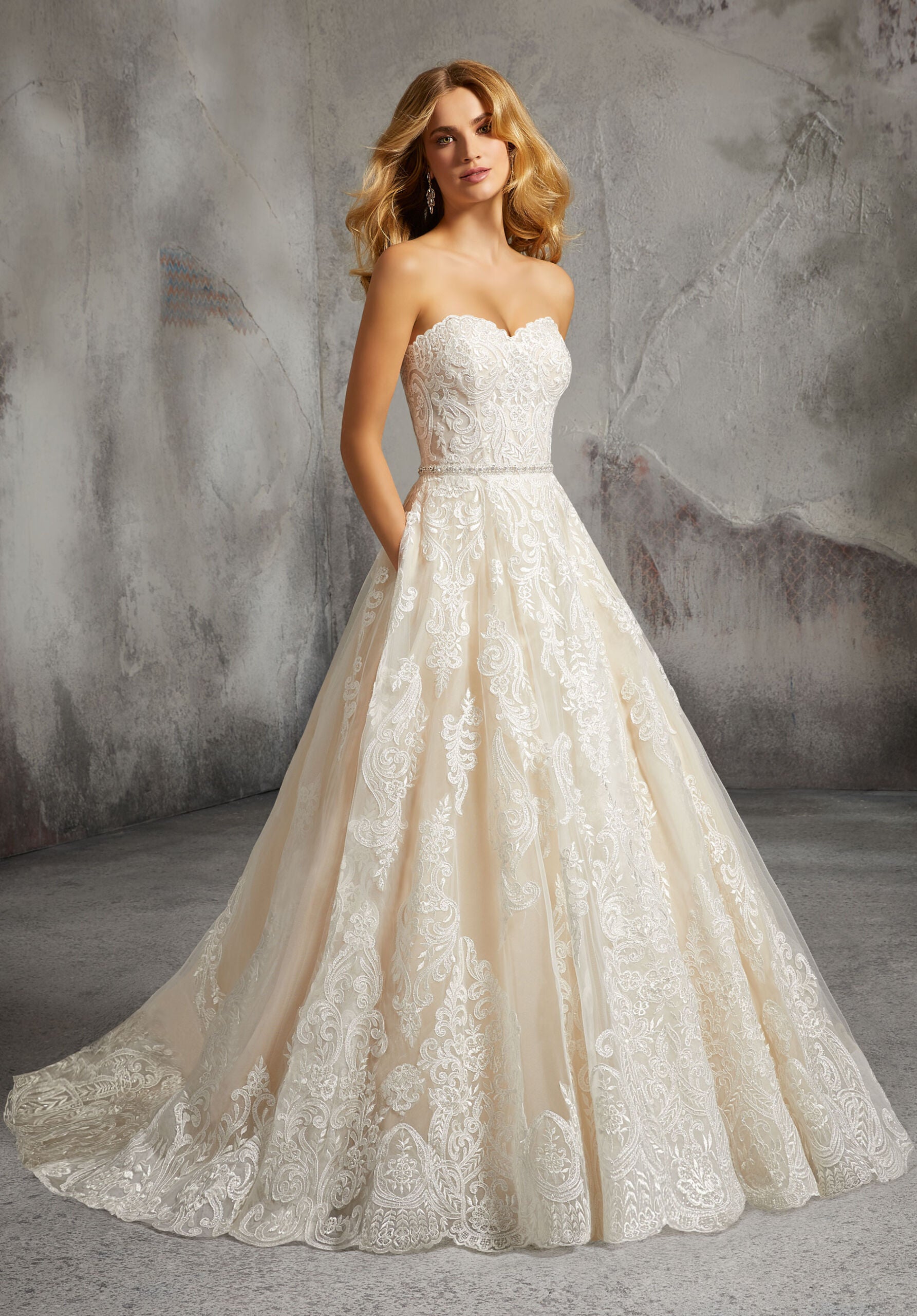 Wedding Dresses Long Lace A Line Wedding Bridal Gown MGNY Madeline Gardner New York 8273 Ivory/Vanilla