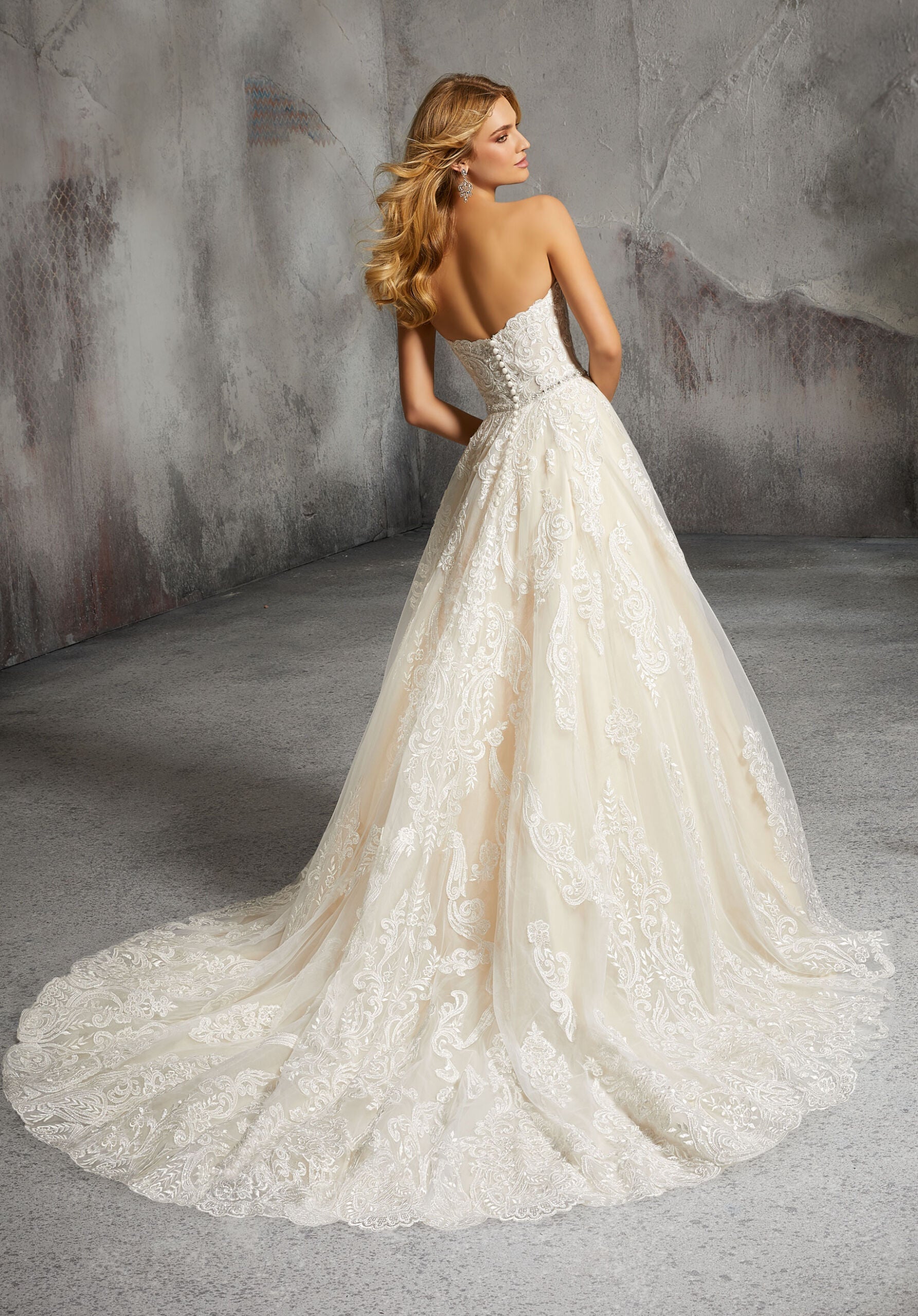 Wedding Dresses Long Lace A Line Wedding Bridal Gown MGNY Madeline Gardner New York 8273 Ivory/Vanilla