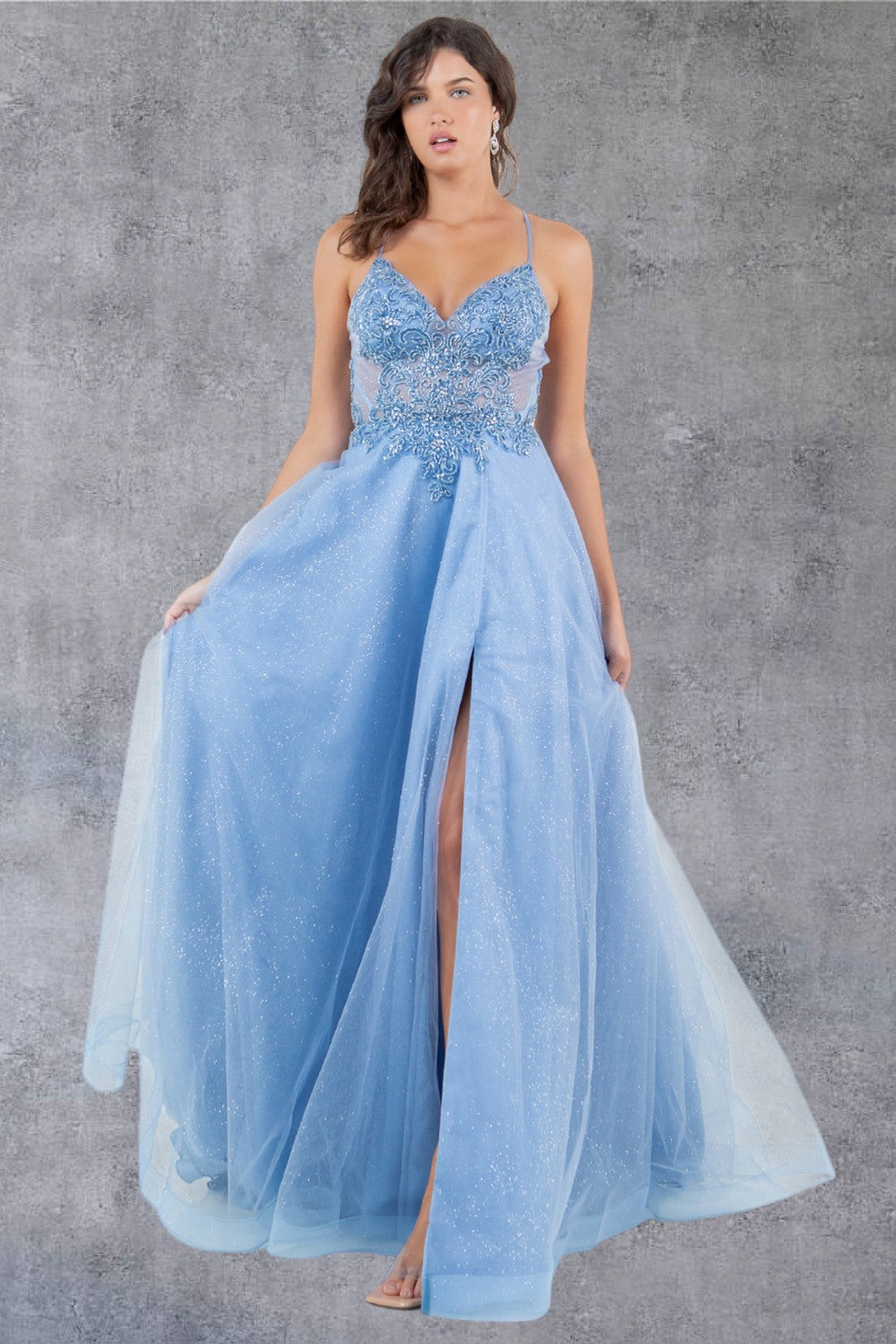 Cinderella Couture 8275J Long Beaded Formal A Line Lace Prom Dress